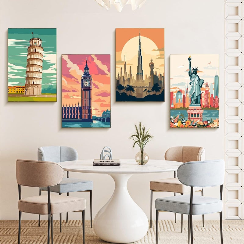 Offito 4 Pack Framed Paint by Numbers Kit for Adults Beginners with Wooden Easel, Cityscape Easy Paint by Number Kit with Frame, Watercolor Adult Paint by Number Framed Canvas (8 * 12 Inch) - Image 2